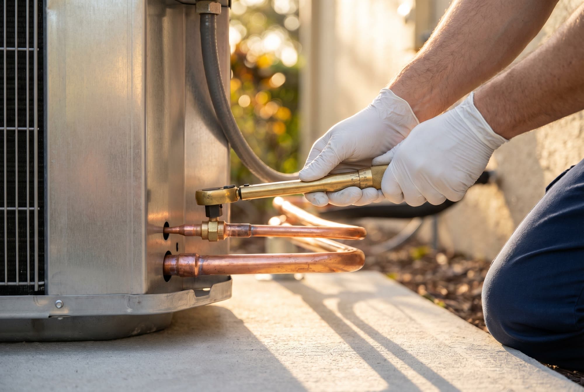 Licensed Florida HVAC technician flaring copper refrigerant lines on a new condenser