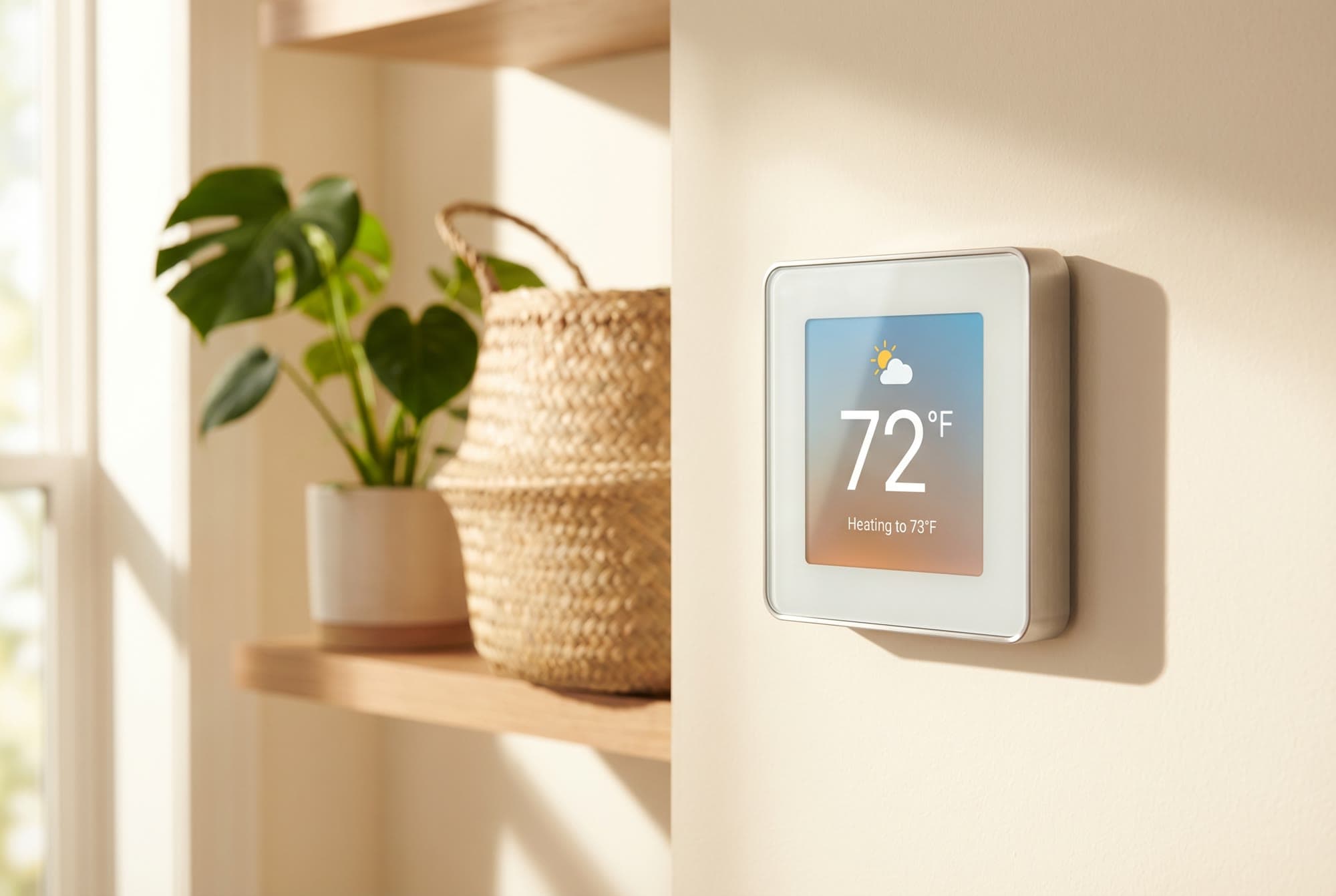 Smart thermostat on a clean cream wall in a modern Florida home