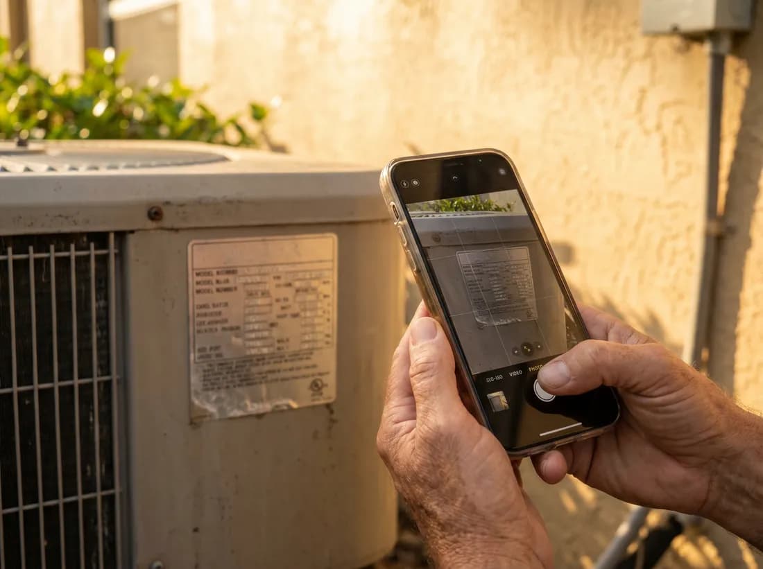A homeowner photographing the nameplate of an outdoor AC unit with a phone