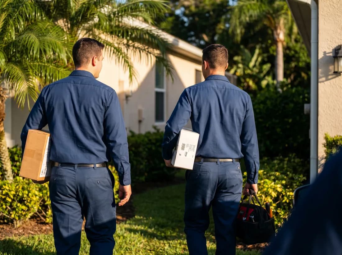 Two uniformed installers carrying new equipment toward a Florida home