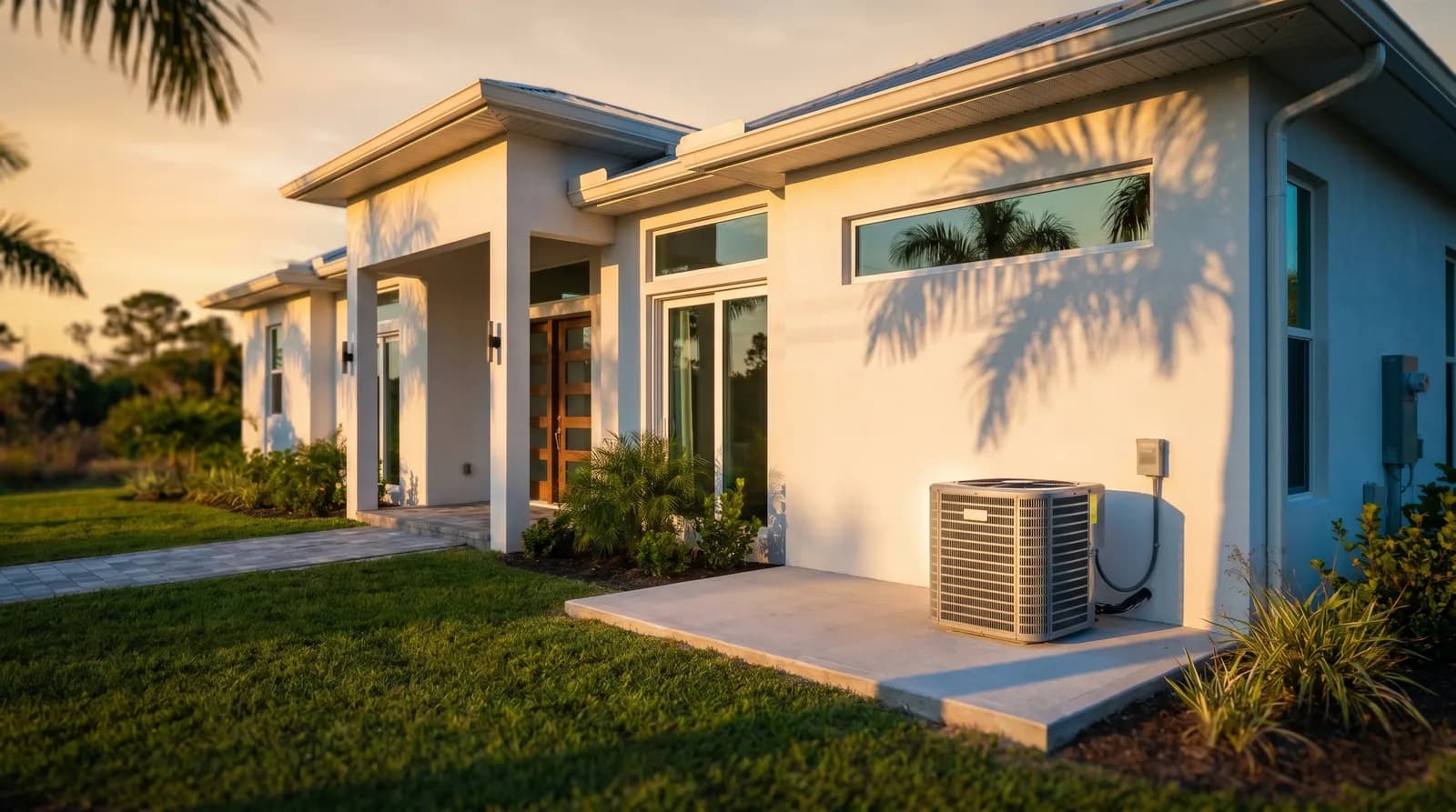A newly installed air-conditioning condenser on a concrete pad beside a Florida home at golden hour